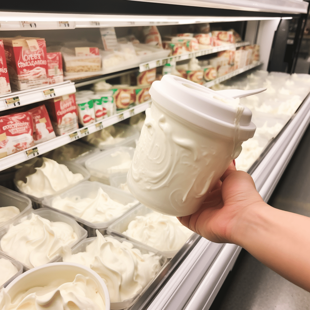 Whipping cream in a freezer in a grocery store